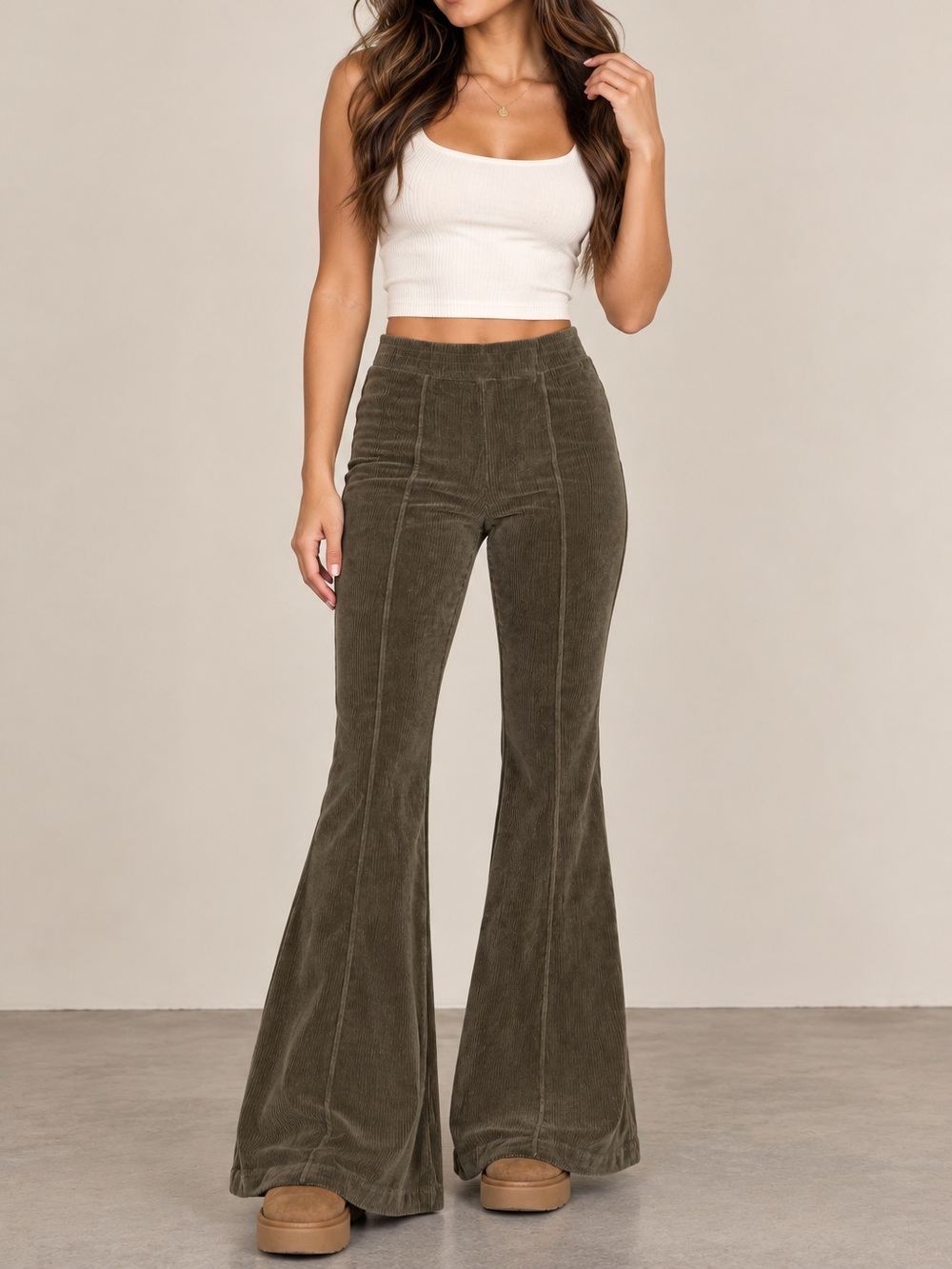 aerie Olive Green High-Waist Flared Corduroy Pants